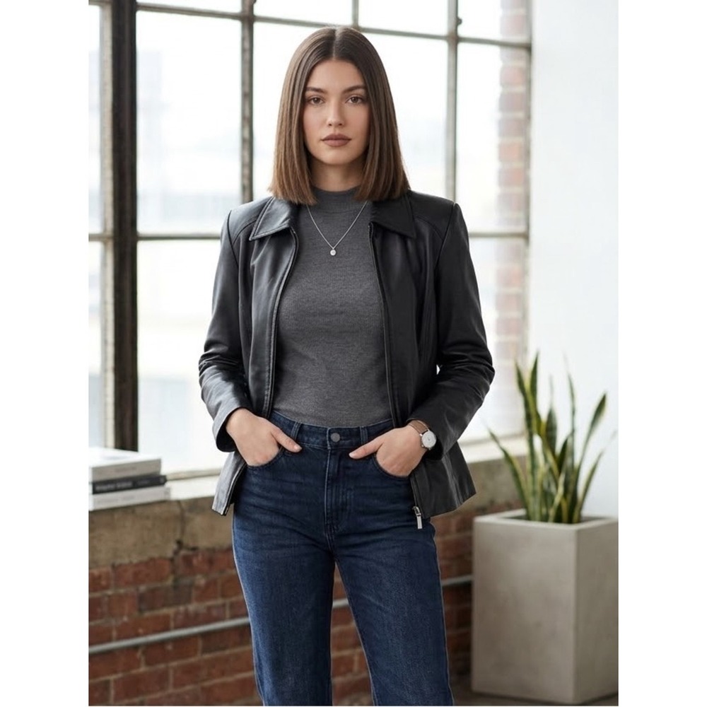 ALFANI Vintage Genuine Leather Zip Front Jacket L 90s Minimalist Quiet Luxury